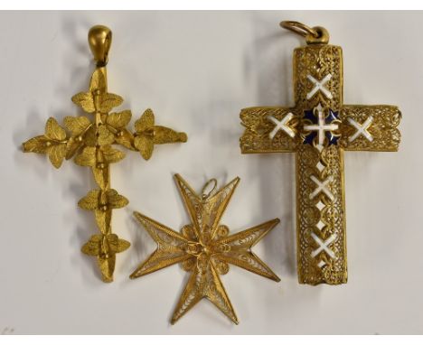An early 20th century Gothic revival enamelled filigree open box cross, ornate yellow metal body of ring cross panels, mounte