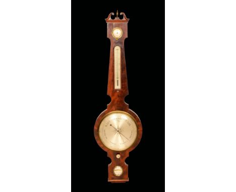 A large William IV century flame mahogany wheel barometer, signed to the level Stephenson, Warminster, 24cm silvered register