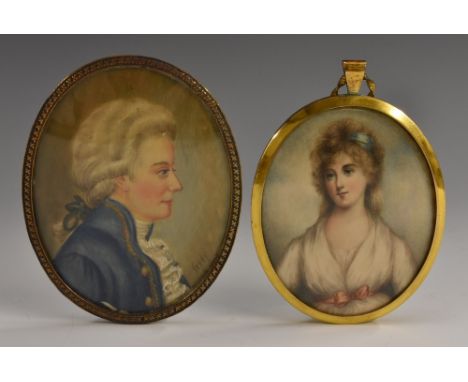 A 19th century style oval portrait miniature, lady in white dress, red ribbon bow belt, a blue wrap in her brown curly hair, 