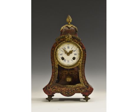 A 19th century French Boulle cartouche shaped mantel clock, by W H Tooke, Paris, 8cm convex enamel dial inscribed with Roman 