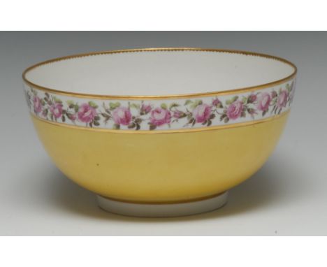 A Derby canary yellow ground circular slop basin, finely painted probably by William Billingsley, with love-in-a mist and pin