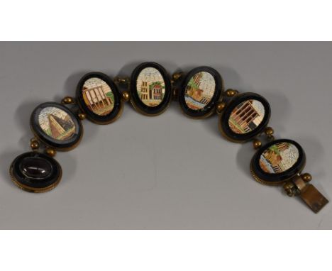 A 19th century micro mosaic panel bracelet, composed of six oval black panels each individually inlaid with traditional templ