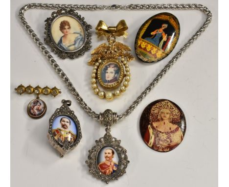 A 20th century portrait pendant necklace, of Chulalonghorn, King Rama V of Siam, within ornate marcasite scrolling frame, ano
