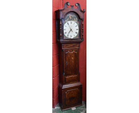 A William IV oak longcase clock, 33cm enamel dial inscribed W.Roberts, Roman numerals, crested by a rural lumberjack and his 