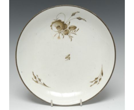 A Pinxton saucer dish, pattern 9, brown line border, 20.3cm diam, c. 1800 Condition Report: Good but for some anticipated cra
