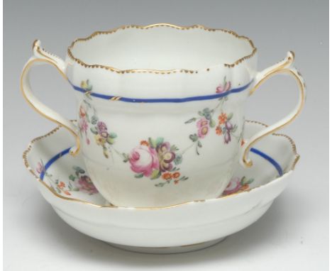 A Chelsea-Derby trembleuse ogee chocolate cup and stand, painted in colourful polychrome with boughs of summer flowers suspen