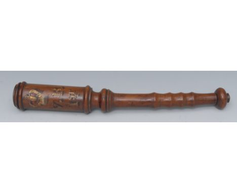 A Victorian turned wood tipstaff/truncheon, painted with crown and V.R. 1st, 32cm long