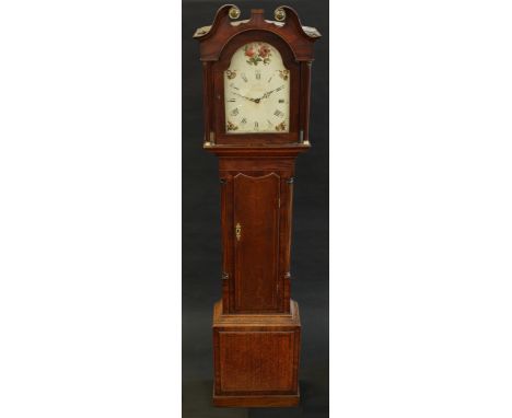 A George III oak and mahogany longcase clock, 29cm painted arched dial inscribed Johnson, Knaresbro (sic), Roman and subsidia