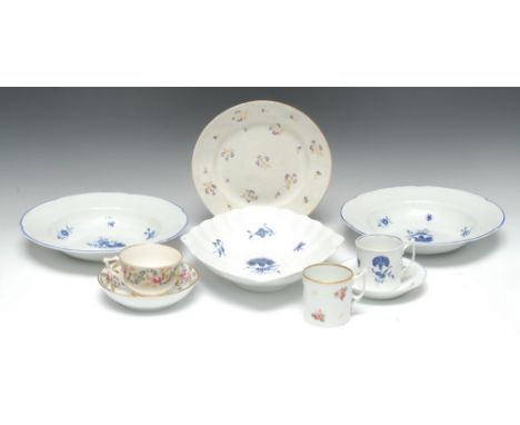 A pair of Derby ozier-moulded shaped circular soup plates, painted en blue camaïeu with gillyflowers and sprigs of foliage, 2