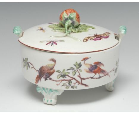 An early Derby cylindrical butter tub, painted in colourful enamels with ho-ho birds in a leafy branch, to verso with ripe fr