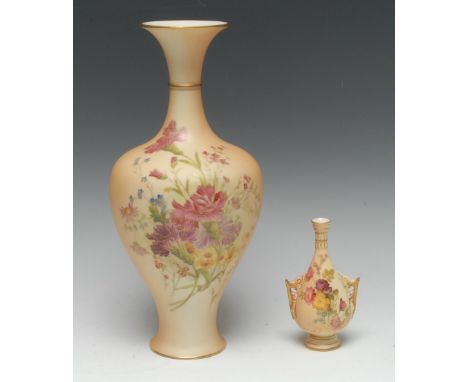 A large Royal Worcester blush ivory baluster vase, painted with carnations and further country flowers, picket out in gilt, s