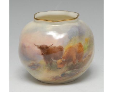 A Royal Worcester low wrythen-fluted ovoid vase, painted by Harry Stinton, signed, with Highland cattle, gilt line rim, 6.5cm