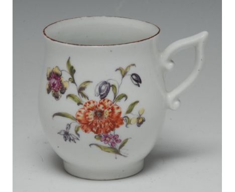 An early Derby bell-shaped coffee cup, painted in the manner of the Cotton-stem Painter with scattered Deutsche Blumen, iron 