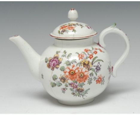 A rare and early Derby globular teapot and cover, of small proportions, painted in the manner of the Cotton-stem Painter with