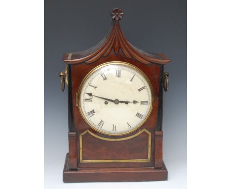 A 19th century mahogany bracket clock, 20cm diam, Roman numerals, twin winding holes, eight day movement striking on bell, do