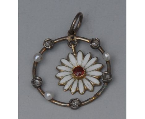A circular diamond, seed pearl, ruby and white enamel floral pendant, the central flowerhead with while petals, centred by a 
