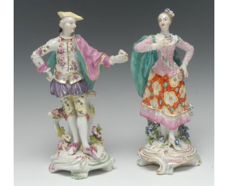 A pair of early Derby Patch Mark figures, the Ranelagh Dancers, the gallant attired in a tricorn hat, doublet, hose and cloak