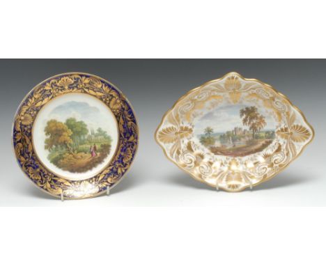 A Derby Named-View shaped dessert dish, In Italy, well-painted in polychrome enamels with a Italianate landscape, bold Regenc