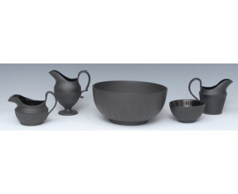 A Wedgwood black basalt bowl, engine turned in bands, 18cm diam, impressed mark; other engine turned jugs; etc (5)