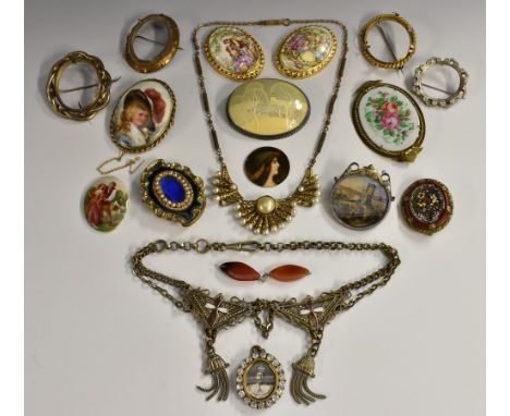 Jewellery - a 19th century mourning brooch;  others frames;  an Art Nouveau portrait panel brooch,others micro mosaic, painte