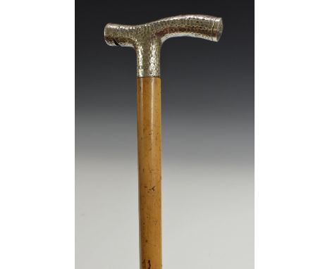 A Victorian silver mounted novelty system cane walking stick, the planished handle incorporating a vesta case and whistle, ma