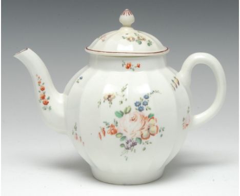 A Derby fluted globular teapot and cover, painted in polychrome enamels with scattered country flowers, domed cover with knop