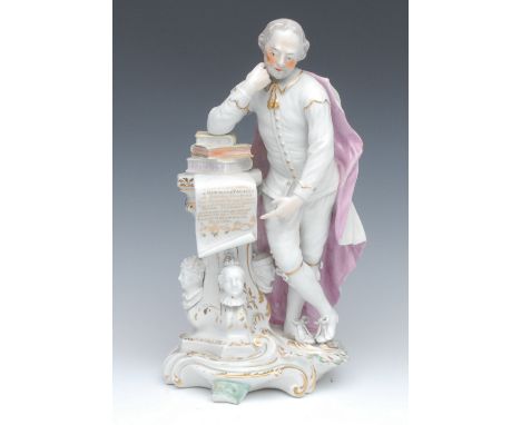 A Derby Patch Mark figure, Shakespeare, he stands leaning upon three books with text from the Tempest, on plinth, scroll base