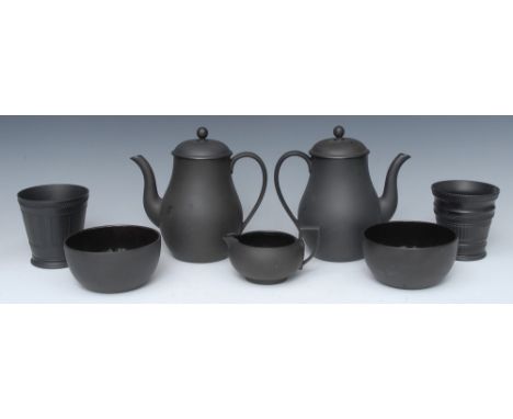 A Wedgwood basalt engine turned flared vase, 10cm high, impressed mark; two baluster coffee pots, milk jug and two sugar bowl