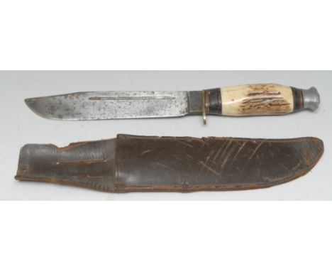 An early 20th century bowie knife, antler haft, leather scabbard, 34cm long overall 