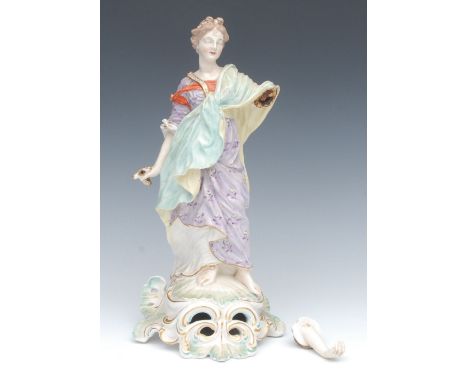 A Derby Patch Mark figure, Justice, she stands with long flowing robes, scroll base, 29.5cm high, c.1770