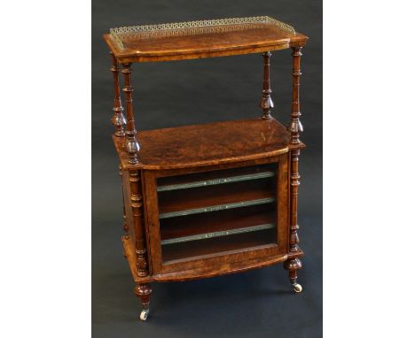 A Victorian burr walnut music room cabinet, well figured top with matched veneers and a pierced three-quarter gallery, above 