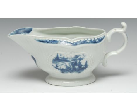 A  Worcester Fisherman and Billboard Island pattern strap fluted sauce boat, painted in blue with two Chinese scenes in the r