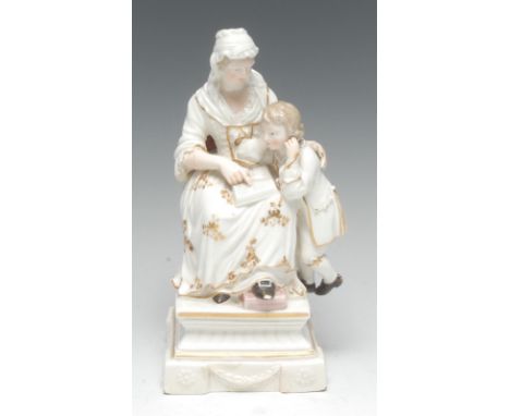 A Derby Patch Mark figural group, The Prudent Mother, No. 137, modelled as a seated matriarch dutifully instructing her son t