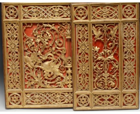 A 19th century carved softwood and gilt gesso country house architectural fretwork panel, the centre with an anthemion-capped