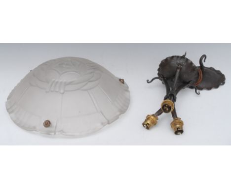 A Sabino, Paris  glass ceiling shade, frosted and moulded, 35cm diam, associated light fitting, impressed mark Deposse 4593, 