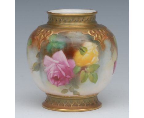 A Royal Worcester lobed ovoid pot pourri vase, decorated wit red and yellow roses, the neck in relief with gilt strapwork, 10