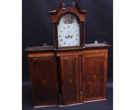 A George/William IV oak combination longcase clock and housekeeper's cupboard, 30cm arched enamel dial with Roman and Arabic 