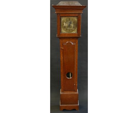 A George I/II oak longcase clock, 28cm square brass dial inscribed with Arabic numerals, date aperture, single hand, 30-hour 