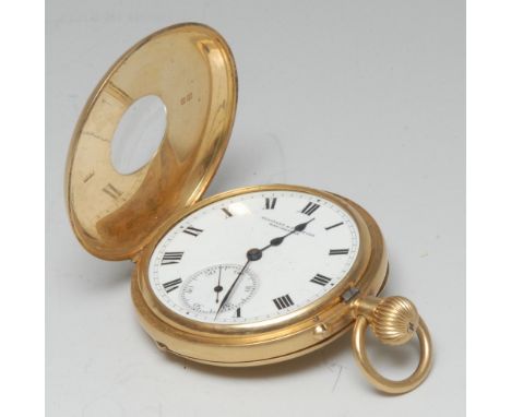 A George V 18ct gold gentleman's half-hunter pocket watch, 3.7cm white enamel dial inscribed Ollivant &amp; Botsford, Manches