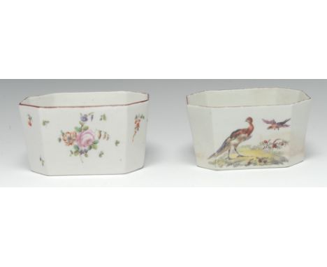 An early Derby Patch Mark canted rectangular butter tub, painted in polychrome with summer flowers, iron red rim, 7cm high, 1
