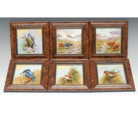 A set of four English porcelain square plaques, painted by Nigel Creed (Royal Worcester Artist), signed, with domestic Englis