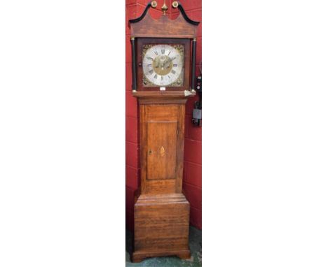 A George III oak longcase clock, 29cm silvered dial inscribed Thos Cooke, Oakham, Roman and Arabic numerals, the case with sw