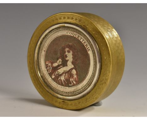 A 19th century silvered copper and brass circular snuff box, the cover after Greuse with a titled portrait, Coquetterie, the 