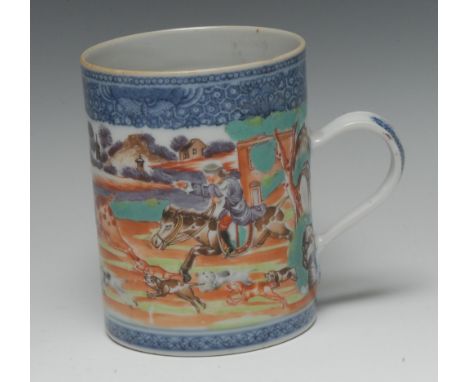 A Chinese cylindrical porter mug, painted in polychrome with 'European' figures fox hunting, within underglaze blue bands, sc