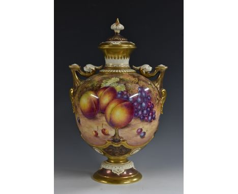 A Royal Worcester two-handled pedestal ovoid vase and cover, painted by Freeman, signed, with ripe peaches, blackberries and 