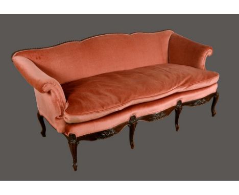 A George III Revival mahogany shaped serpentine sofa, in the French Hepplewhite manner, gadrooned cresting rail, stuffed over