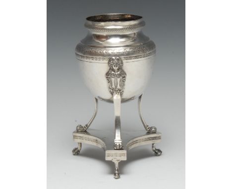 An Italian Neo-Classical silver urnular vase, the tripod supports with female masks and terminating in lion paws, incurved ca