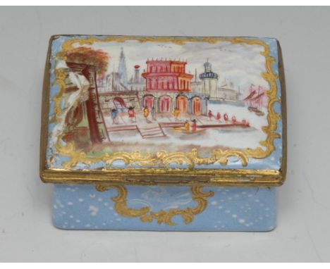 A George III South Staffordshire enamel rectangular table snuff box, the hinged cover painted with a stylized Venetian rivers