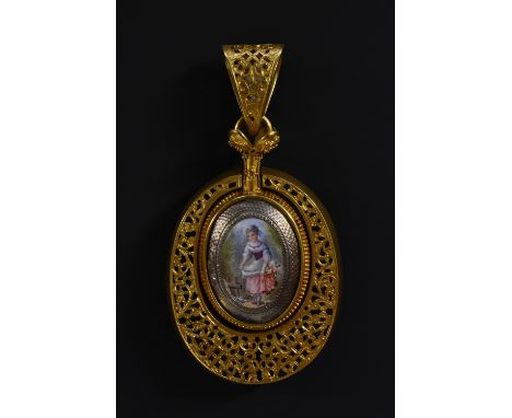 A 19th century style portrait miniature pendant necklace, oval central panel of a young girl walking raising her skirt, a bas