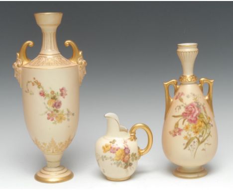 A Royal Worcester blush ivory krater-shaped vase, painted with roses and hellebores, the shoulder moulded in relief and picke